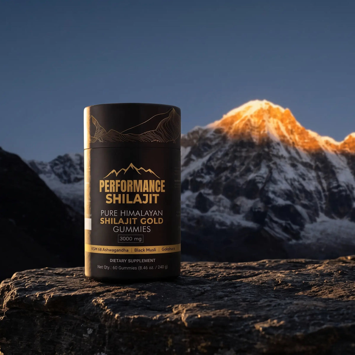 Performance Shilajit jar on a Himalayan rock at sunrise